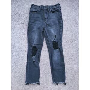 Risen Jeans High Rise Distressed Black Denim Destroyed Grunge Edgy Size 26